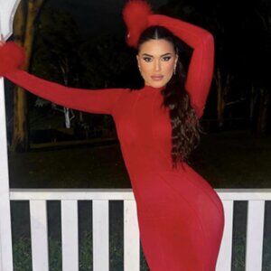 Red Feather Sleeve Turtleneck Maxi Dress Backless Party Gown Size S
